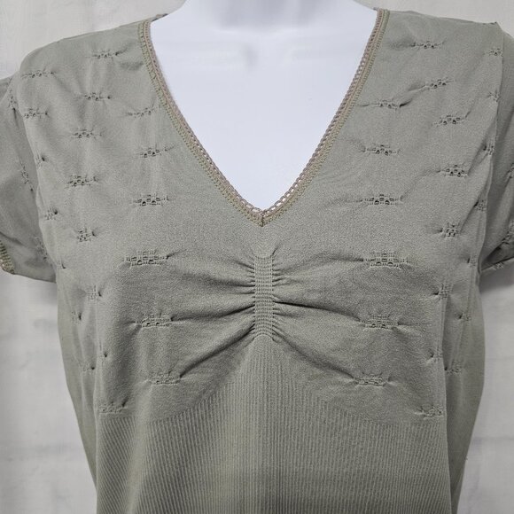 Vintage Olive Green Tee Top Y2K Fairy Twee Crochet Trim Ruched Ribbed Bodycon XL - Picture 3 of 11